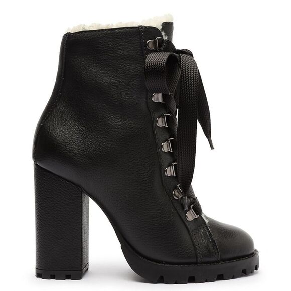 New Schutz Zara fur lined Winter black Leather Ankle Boots high block heels 7 B - Picture 1 of 12